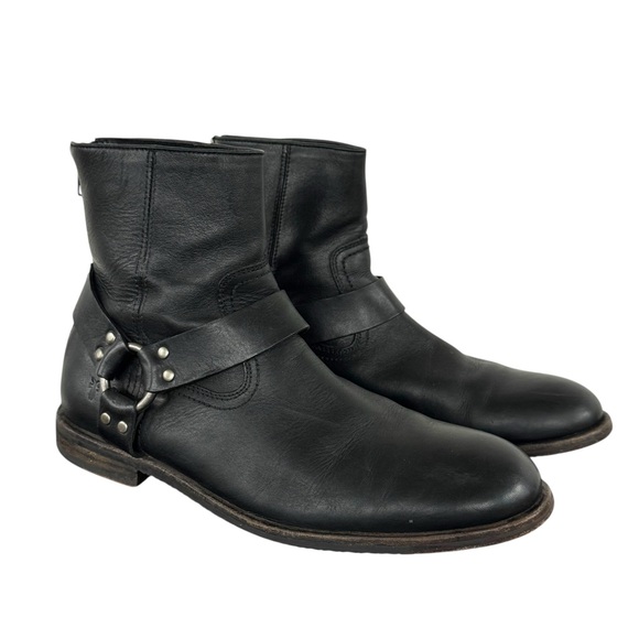Men's Frye Phillip Harness Short Leather Boots Black Moto Ankle Zipper | Sz 8.5 - Picture 2 of 9